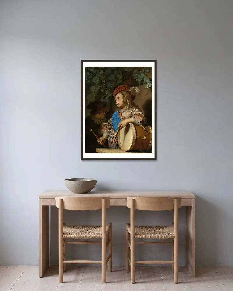 The Drummer Boy av Frans van Mieris the Elder inramad på en vägg