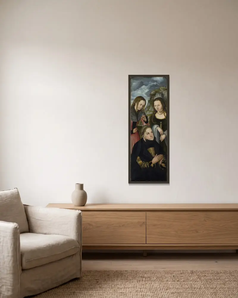 Kurfursten Fredrik den vise av Sachsen (1463–1525) med helgonen Ursula (till vänster) och Genoveva (till höger) av Lucas Cranach the Elder inramad på en vägg