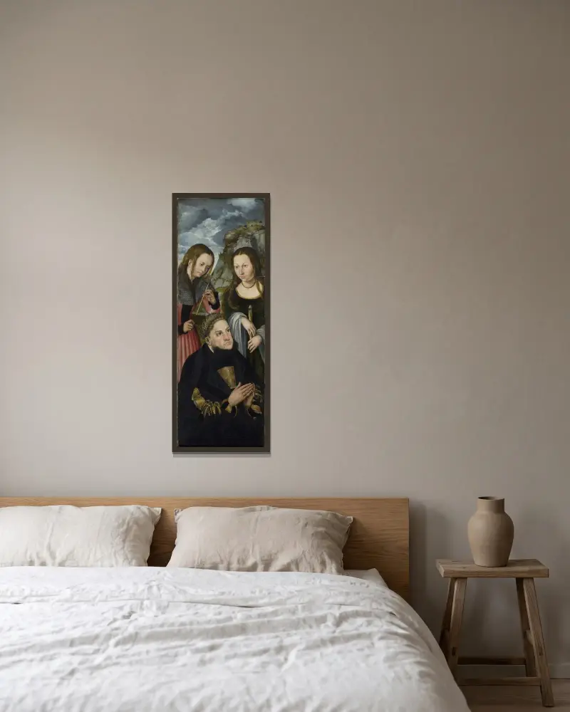 Kurfursten Fredrik den vise av Sachsen (1463–1525) med helgonen Ursula (till vänster) och Genoveva (till höger) av Lucas Cranach the Elder inramad på en vägg