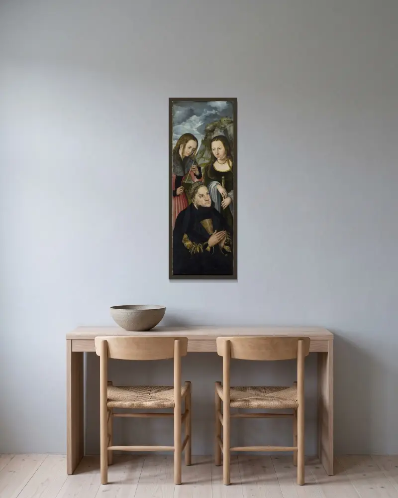 Kurfursten Fredrik den vise av Sachsen (1463–1525) med helgonen Ursula (till vänster) och Genoveva (till höger) av Lucas Cranach the Elder inramad på en vägg