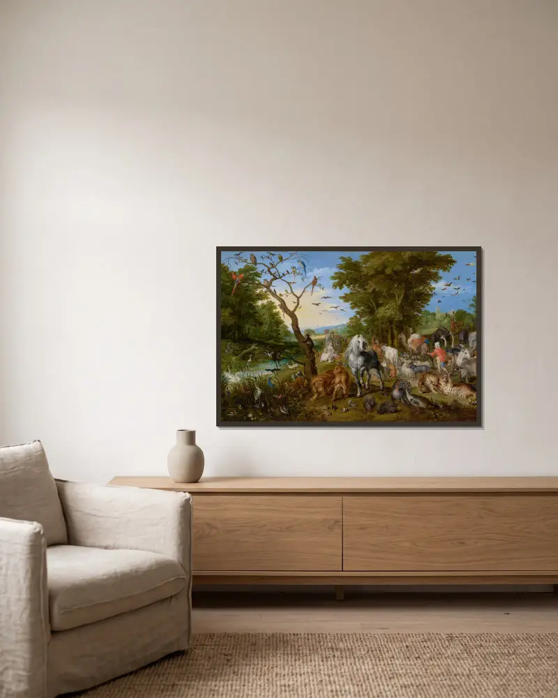 Djurens intåg i Noas ark av Jan Brueghel The Elder inramad på en vägg