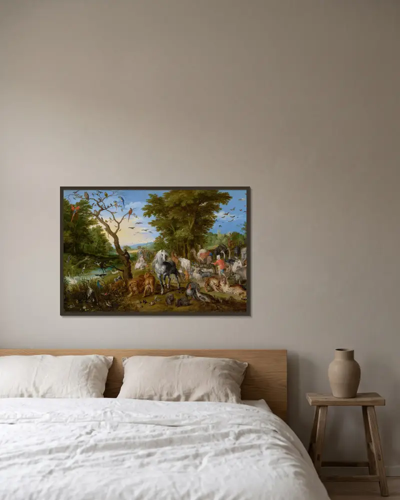 Djurens intåg i Noas ark av Jan Brueghel The Elder inramad på en vägg