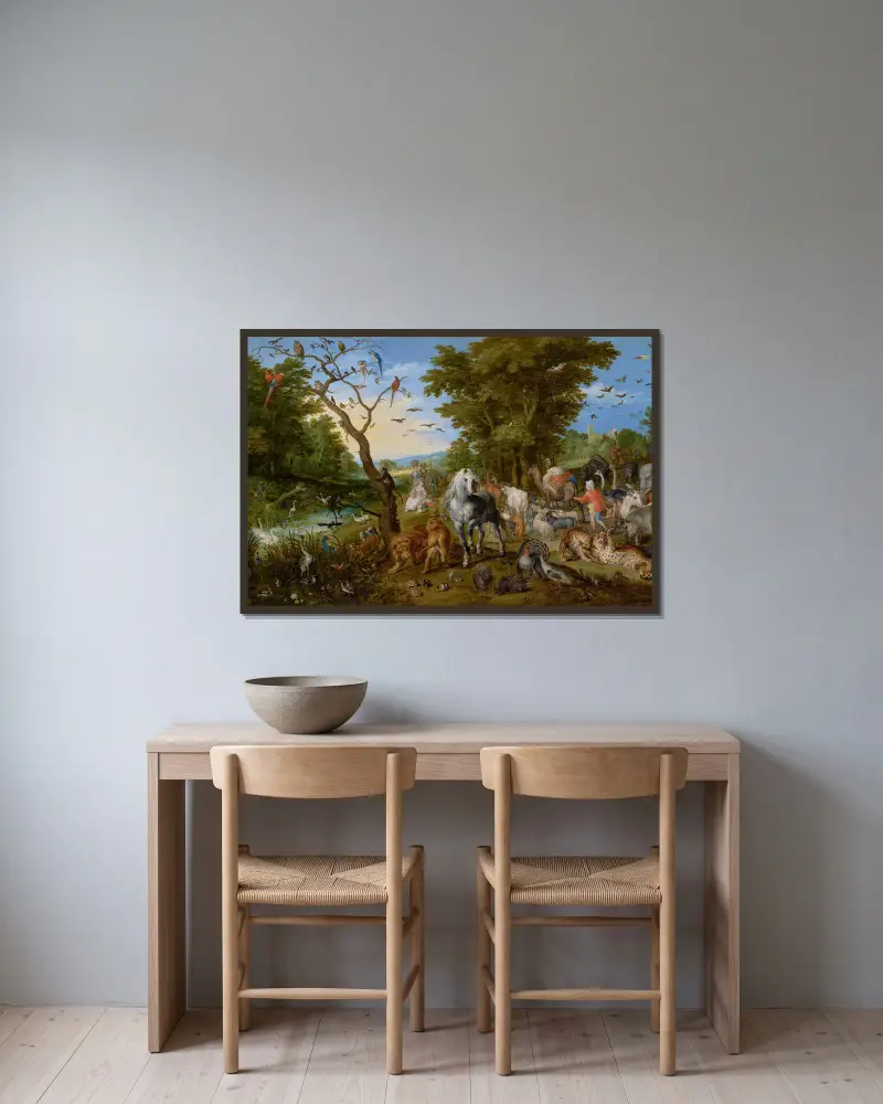 Djurens intåg i Noas ark av Jan Brueghel The Elder inramad på en vägg
