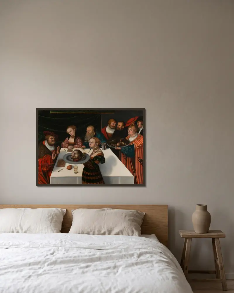 Das Gastmahl des Herodes von Lucas Cranach the Elder gerahmt an einer Wand