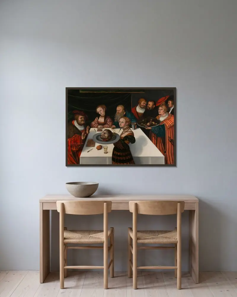 Das Gastmahl des Herodes von Lucas Cranach the Elder gerahmt an einer Wand