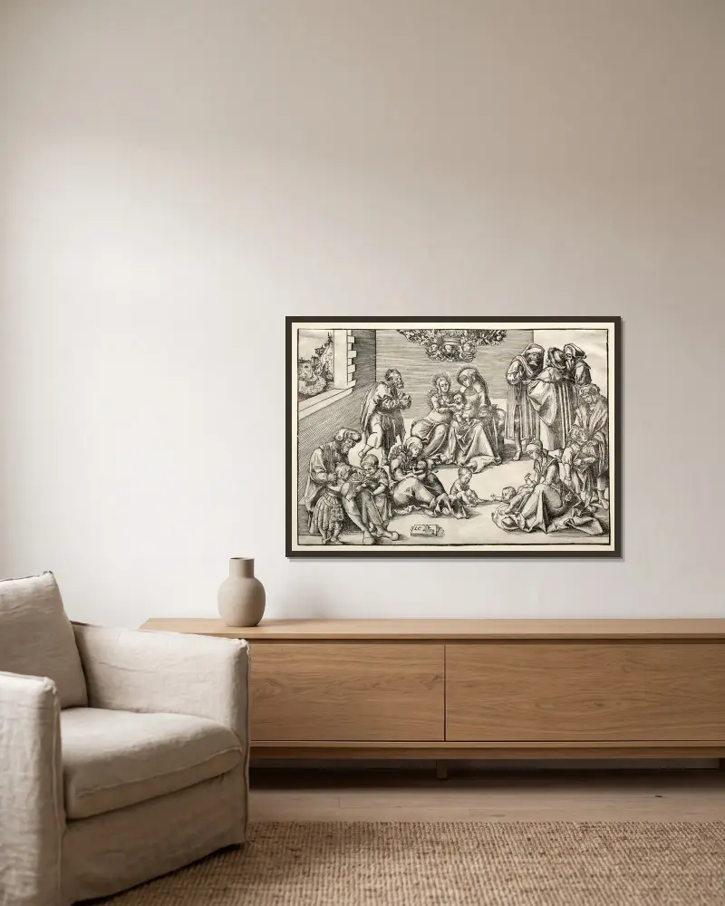 Den heliga familjen och släkten av Lucas Cranach the Elder inramad på en vägg
