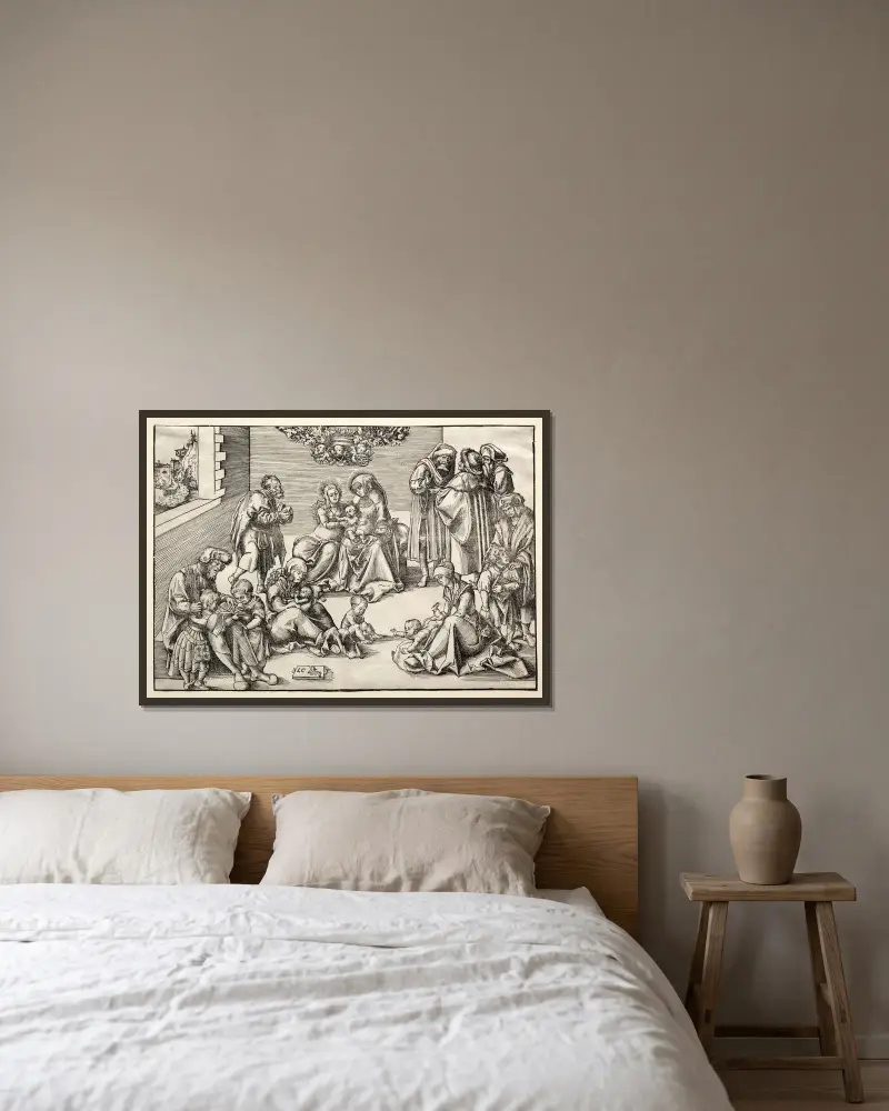 Den heliga familjen och släkten av Lucas Cranach the Elder inramad på en vägg