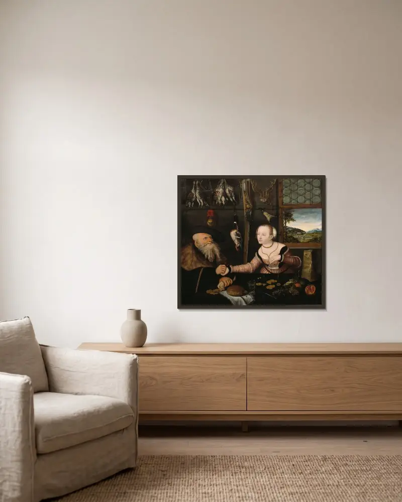 Das ungleiche Paar von Lucas Cranach the Elder gerahmt an einer Wand