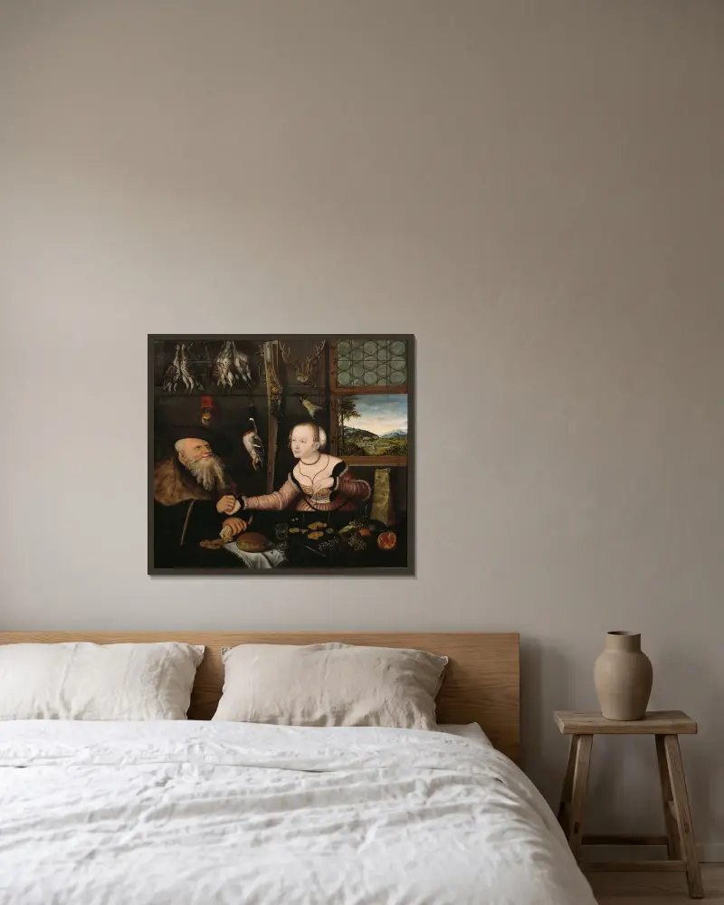 Das ungleiche Paar von Lucas Cranach the Elder gerahmt an einer Wand