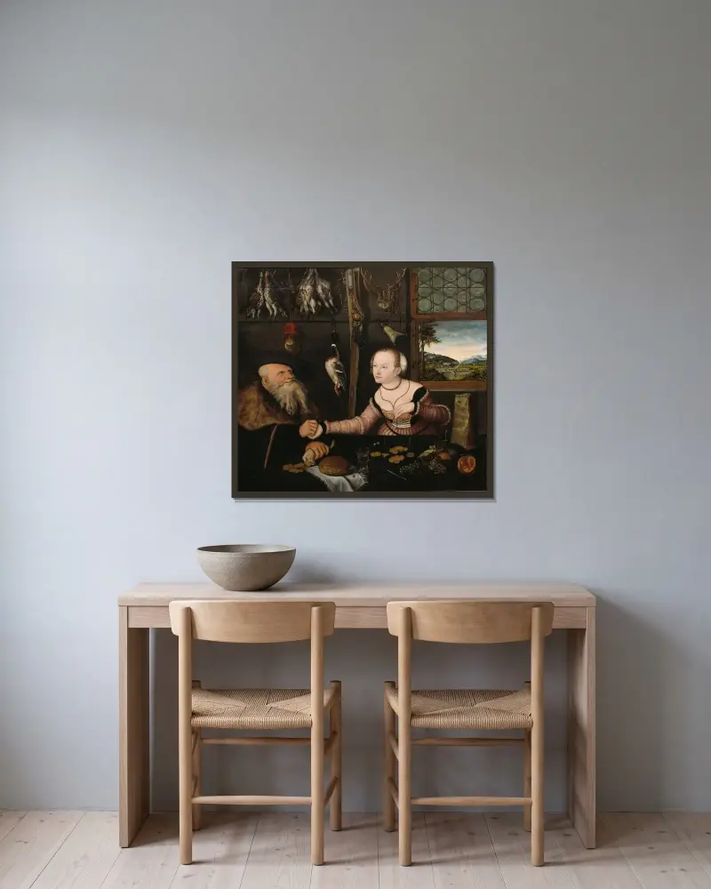 Das ungleiche Paar von Lucas Cranach the Elder gerahmt an einer Wand