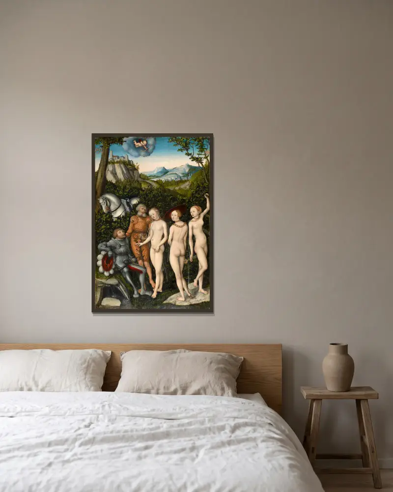 Das Urteil des Paris, 1528 von Lucas Cranach the Elder gerahmt an einer Wand