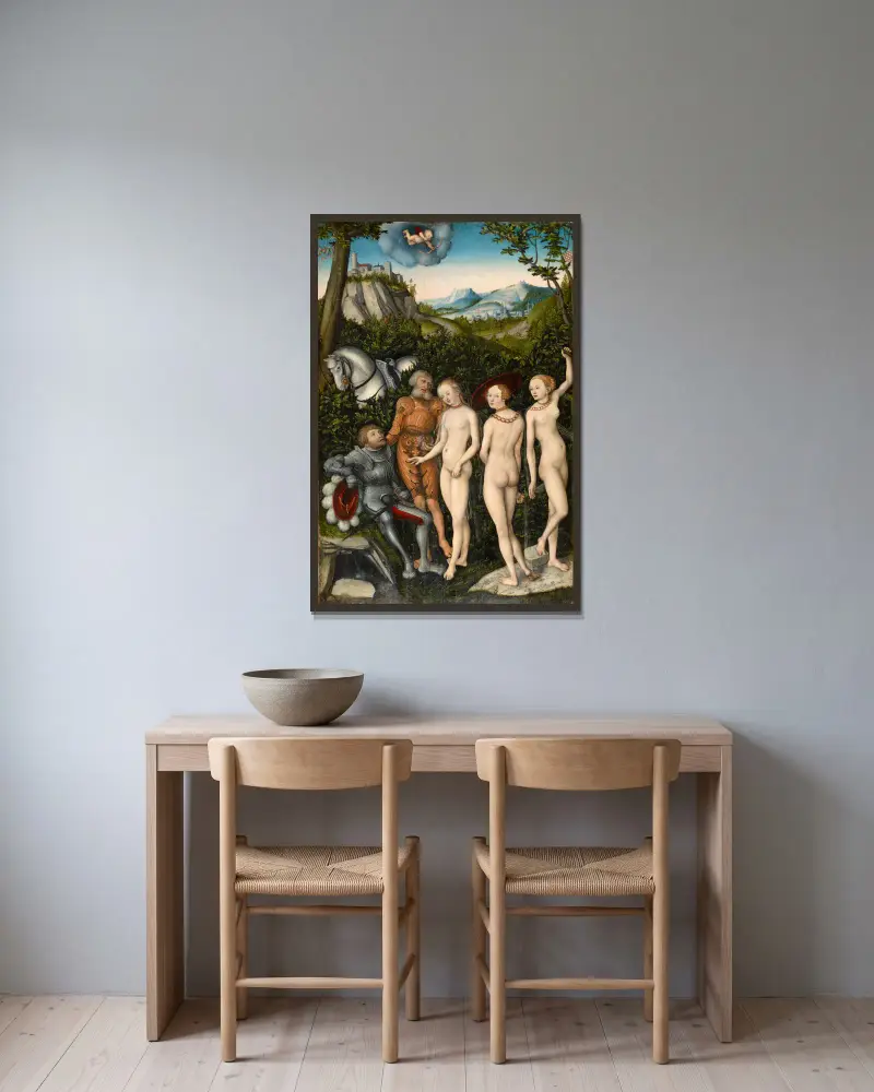 Das Urteil des Paris, 1528 von Lucas Cranach the Elder gerahmt an einer Wand