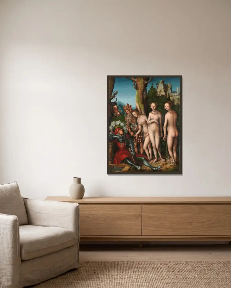 Das Parisurteil, 1512 von Lucas Cranach the Elder gerahmt an einer Wand