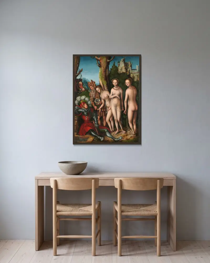 Das Parisurteil, 1512 von Lucas Cranach the Elder gerahmt an einer Wand