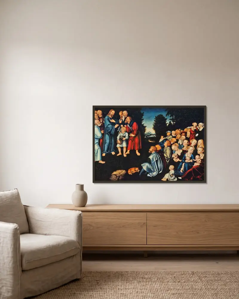 Undret med de fem bröden och de två fiskarna av Lucas Cranach the Elder inramad på en vägg