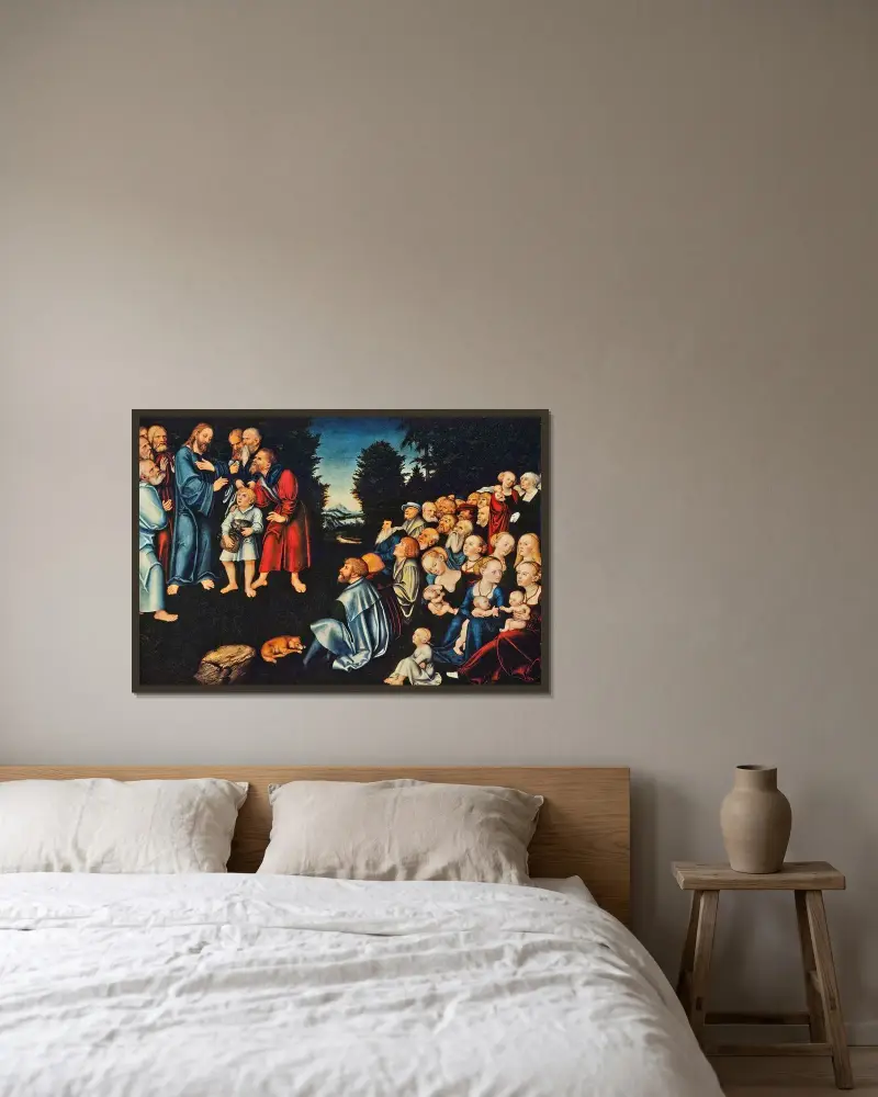Undret med de fem bröden och de två fiskarna av Lucas Cranach the Elder inramad på en vägg