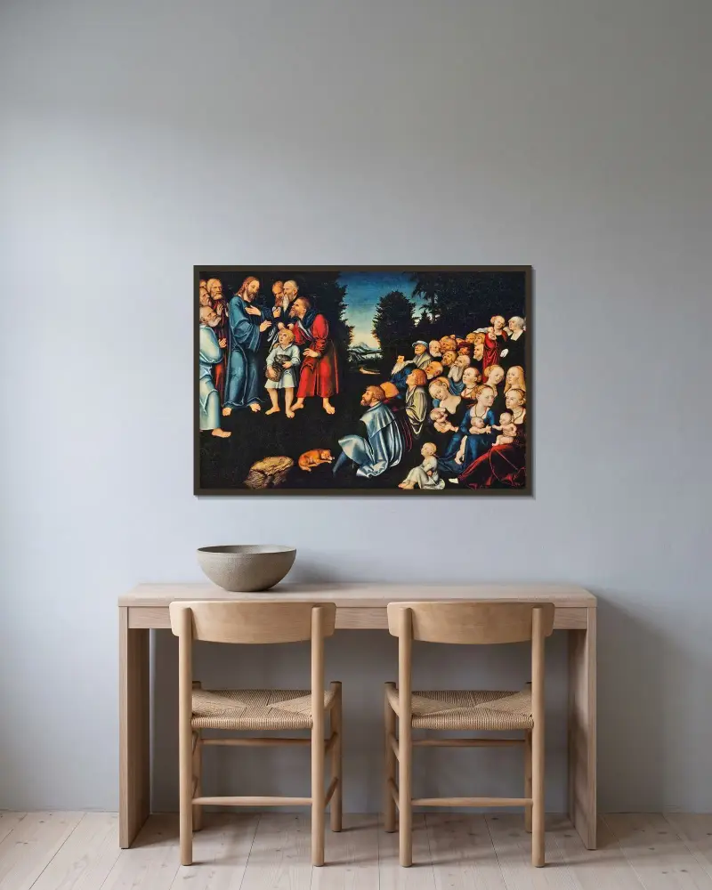 Undret med de fem bröden och de två fiskarna av Lucas Cranach the Elder inramad på en vägg