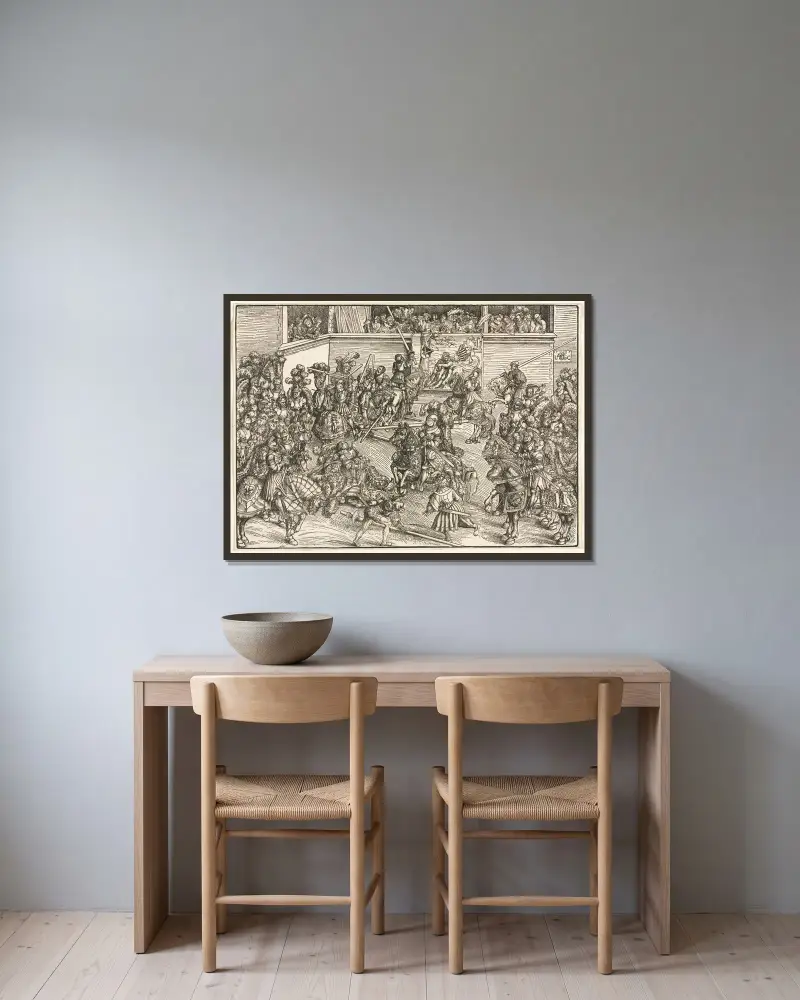 Den andra torneringen med Simson- och lejontapeten av Lucas Cranach the Elder inramad på en vägg