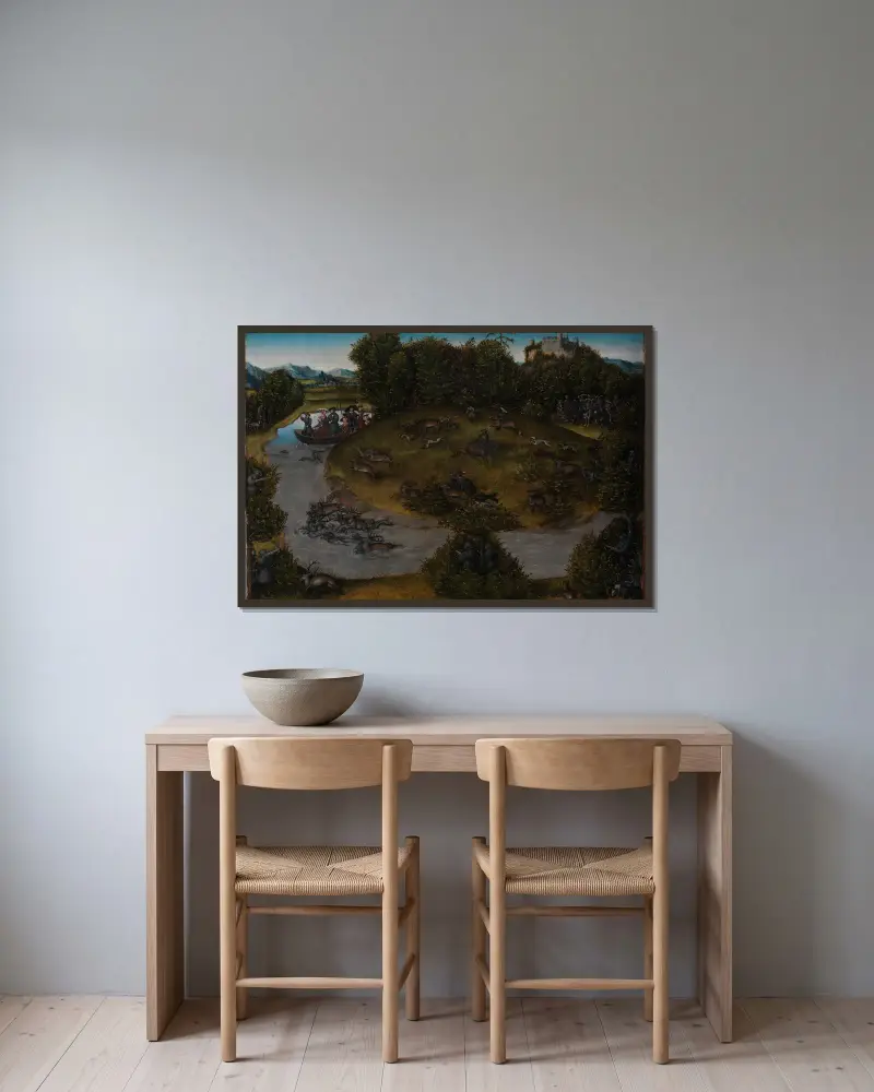 Hjortjakten för kurfurst Fredrik den vise av Sachsen (1463–1525) av Lucas Cranach the Elder inramad på en vägg