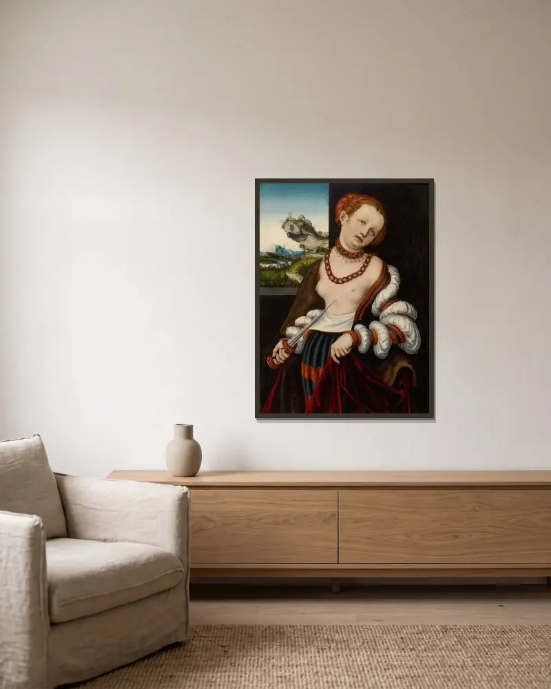 Lucretias självmord av Lucas Cranach the Elder inramad på en vägg
