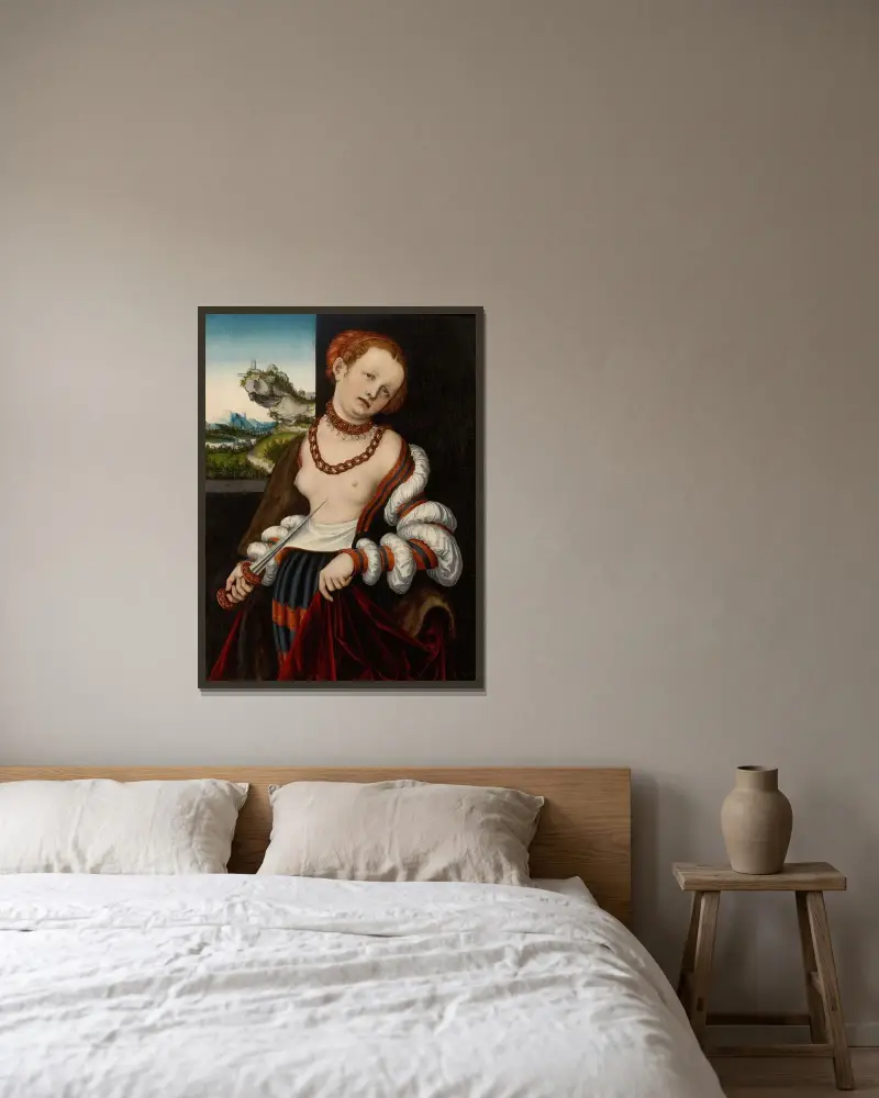 Lucretias självmord av Lucas Cranach the Elder inramad på en vägg