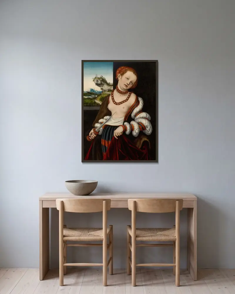Lucretias självmord av Lucas Cranach the Elder inramad på en vägg
