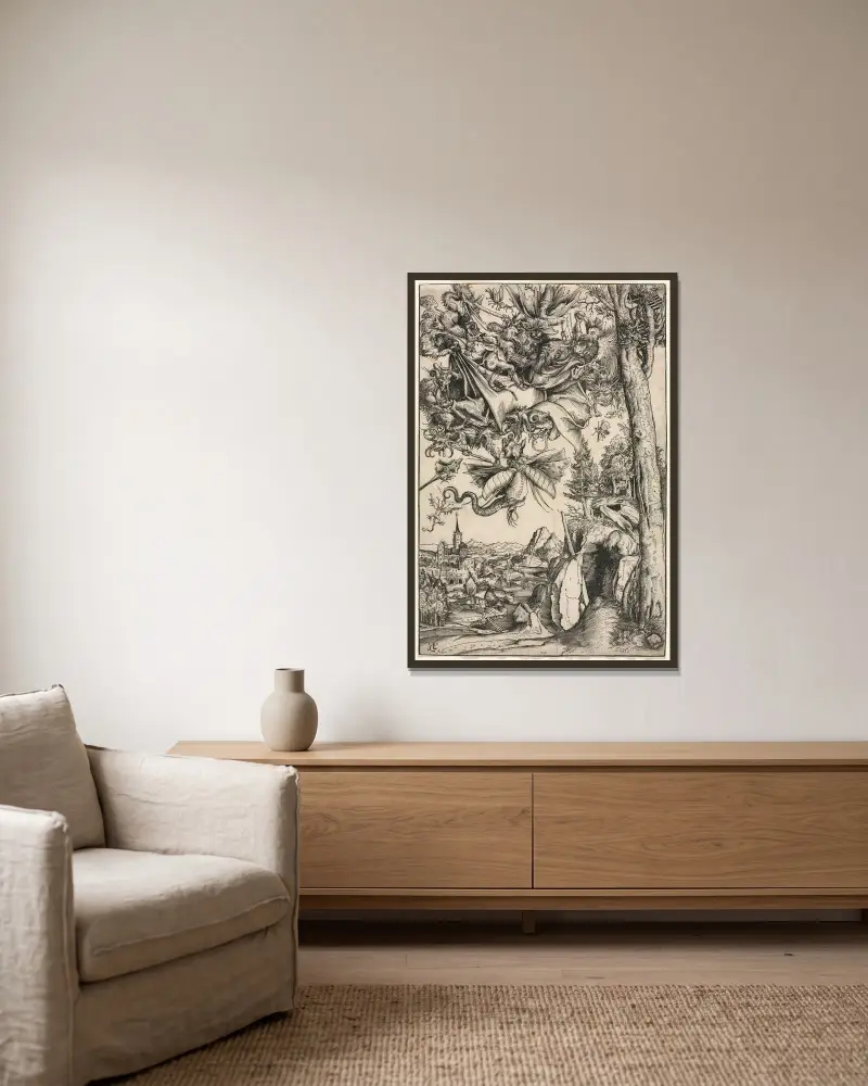 Den helige Antonius frestelse av Lucas Cranach the Elder inramad på en vägg