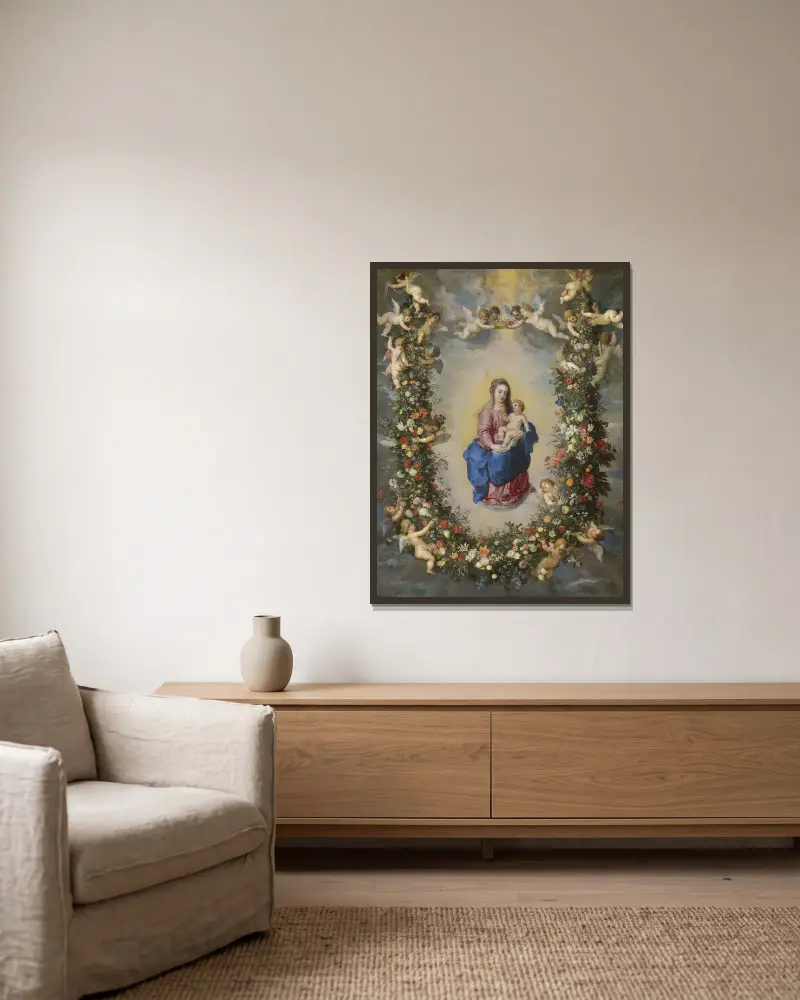 Jungfrun och barnet omgivna av en blomstergirland som hålls uppe av keruber av Jan Brueghel The Elder inramad på en vägg