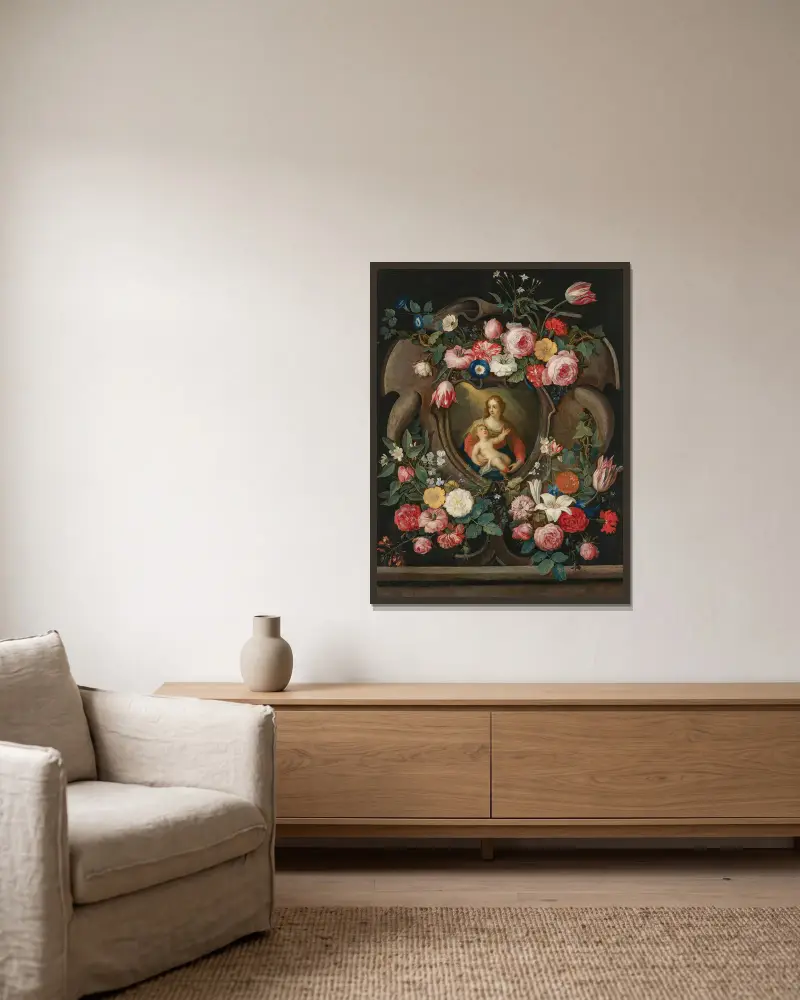 Jungfrun och barnet i en skulpterad kartusch, omgivna av blomstergirlanger av Jan Van Kessel The Elder inramad på en vägg