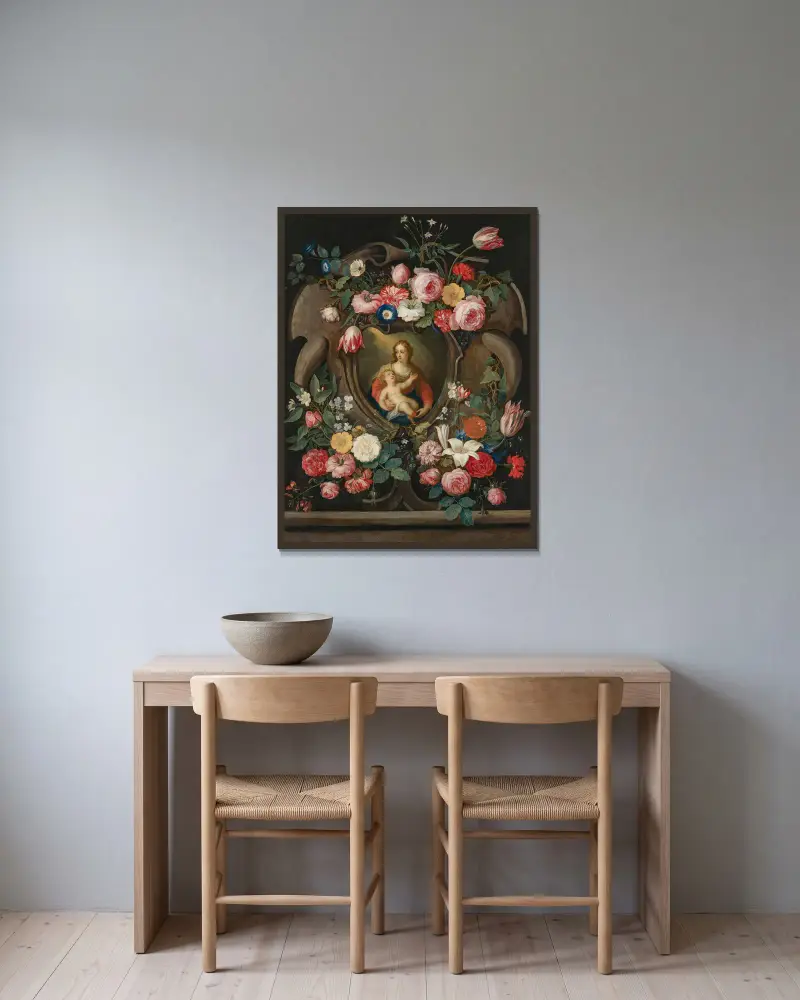 Jungfrun och barnet i en skulpterad kartusch, omgivna av blomstergirlanger av Jan Van Kessel The Elder inramad på en vägg