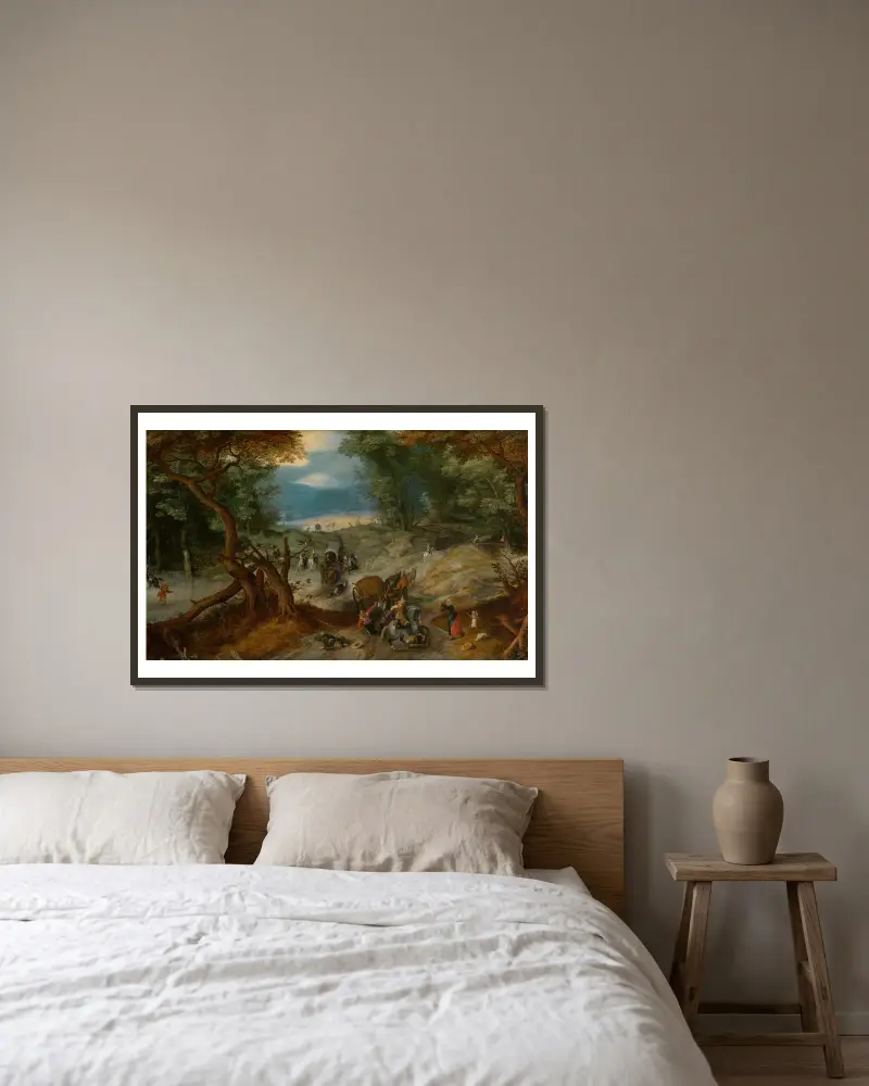 Überfall auf Reisende von Jan Brueghel The Elder gerahmt an einer Wand