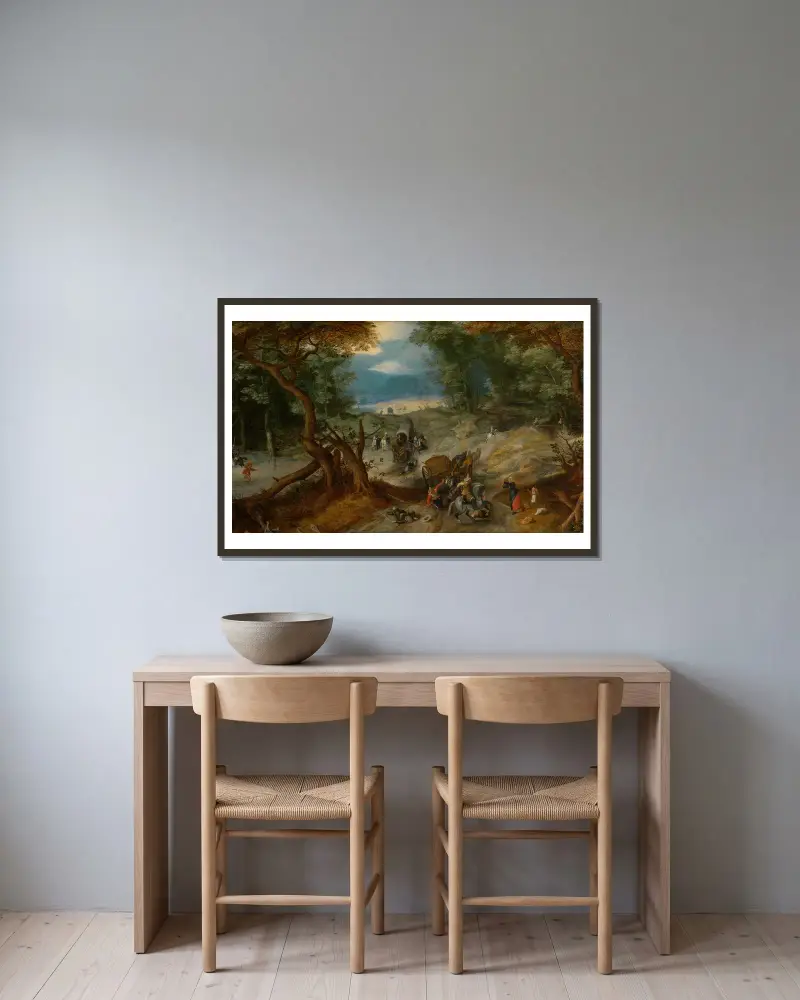 Überfall auf Reisende von Jan Brueghel The Elder gerahmt an einer Wand