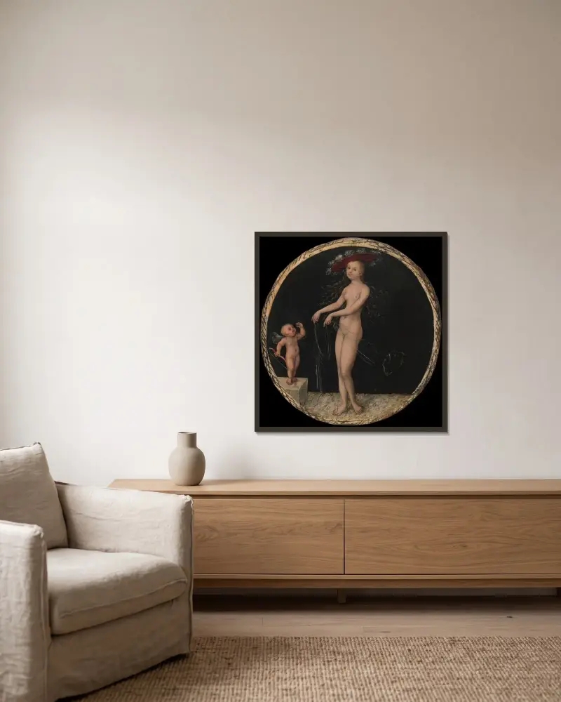 Venus and Cupid, 1525 av Lucas Cranach the Elder inramad på en vägg