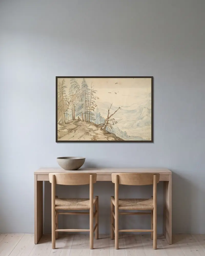 Vy i en dal från kanten av en bergsväg av Jan Brueghel The Elder inramad på en vägg