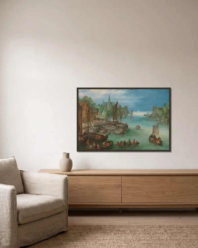 Utsikt över en stad vid en flod av Jan Brueghel The Elder inramad på en vägg