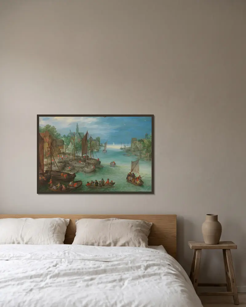 Utsikt över en stad vid en flod av Jan Brueghel The Elder inramad på en vägg