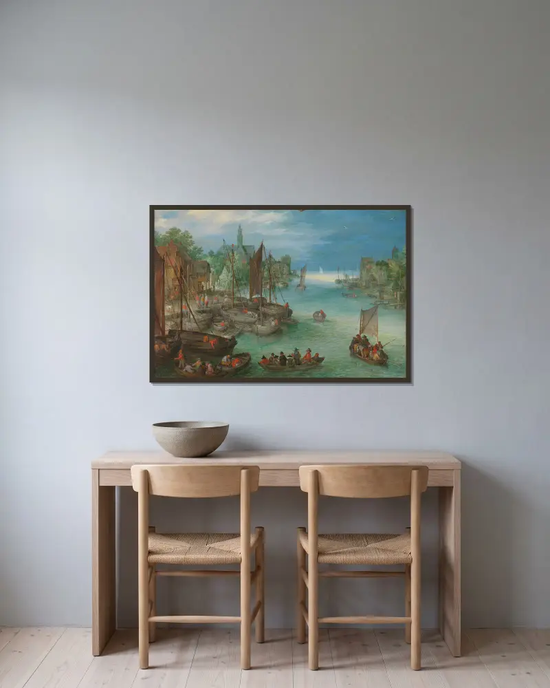 Utsikt över en stad vid en flod av Jan Brueghel The Elder inramad på en vägg
