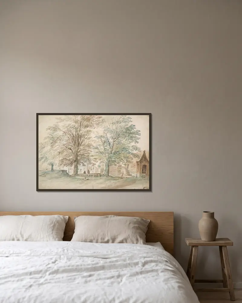 Bymötesplats under två gamla träd av Jan Brueghel The Elder inramad på en vägg