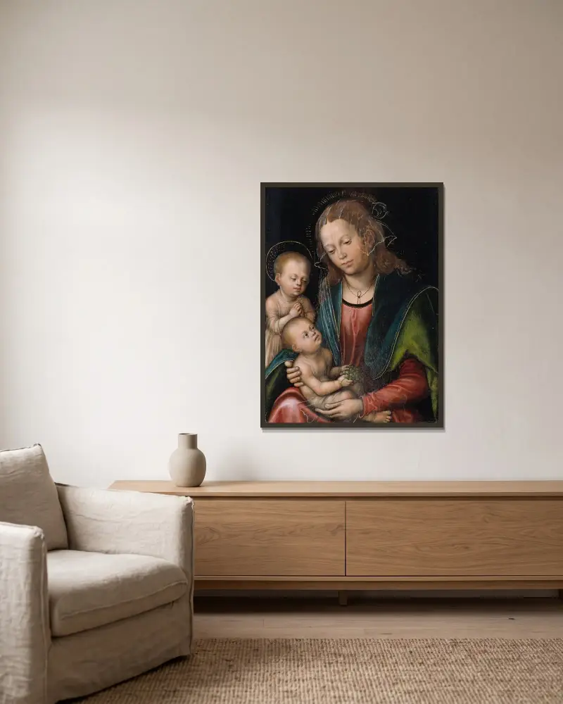 Jungfrun och barnet, tillbedda av Johannesbarnet av Lucas Cranach the Elder inramad på en vägg
