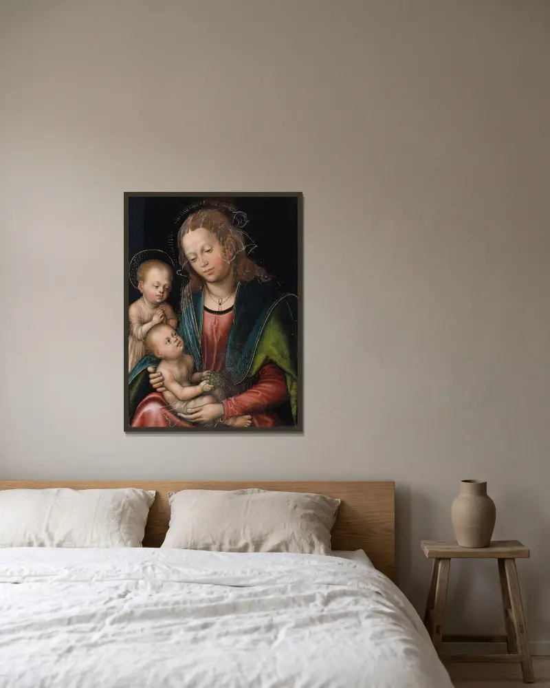 Jungfrun och barnet, tillbedda av Johannesbarnet av Lucas Cranach the Elder inramad på en vägg