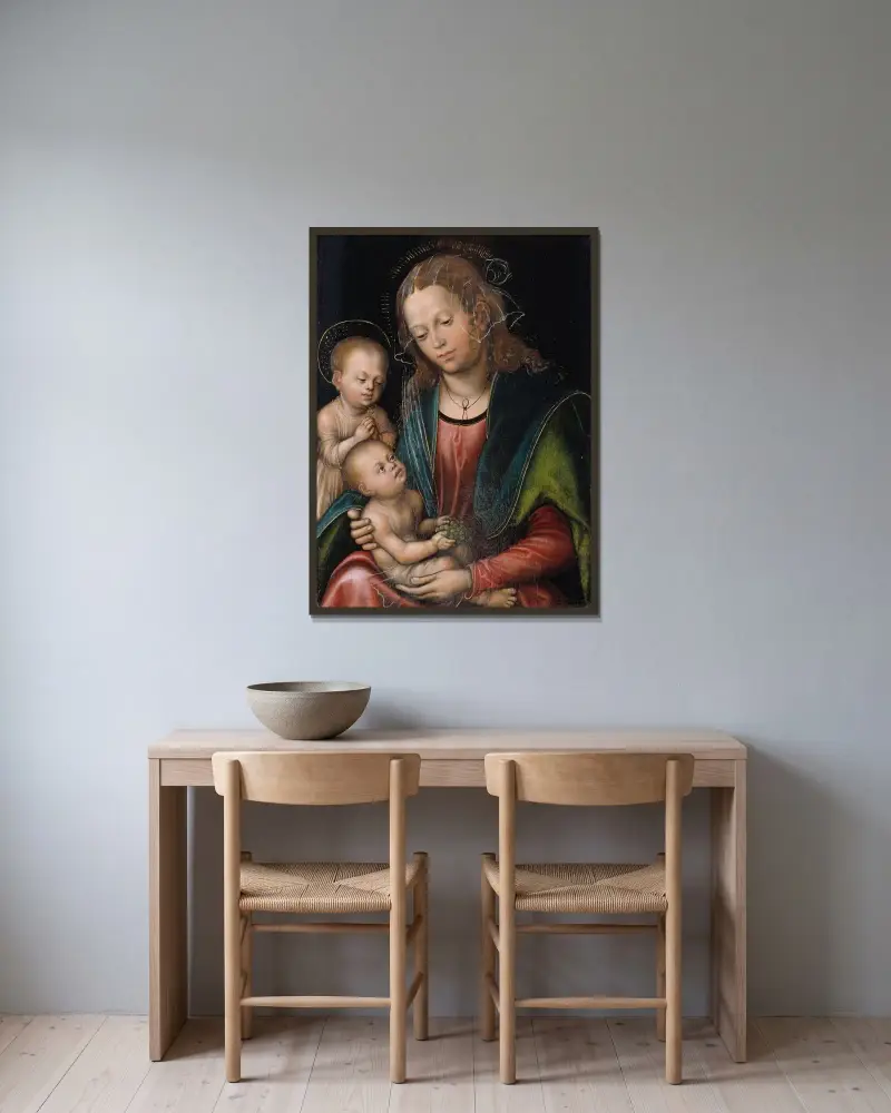 Jungfrun och barnet, tillbedda av Johannesbarnet av Lucas Cranach the Elder inramad på en vägg