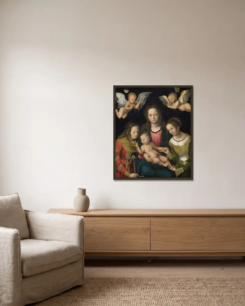 Jungfrun och barnet med de heliga Katarina och Barbara av Lucas Cranach the Elder inramad på en vägg