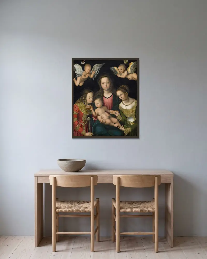 Jungfrun och barnet med de heliga Katarina och Barbara av Lucas Cranach the Elder inramad på en vägg