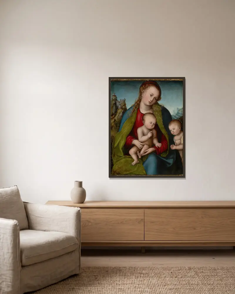 Jungfru Maria med barnet och Johannes Döparen av Lucas Cranach the Elder inramad på en vägg