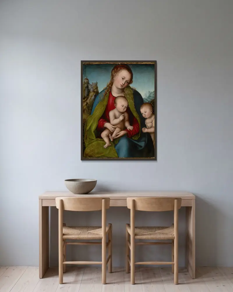 Jungfru Maria med barnet och Johannes Döparen av Lucas Cranach the Elder inramad på en vägg