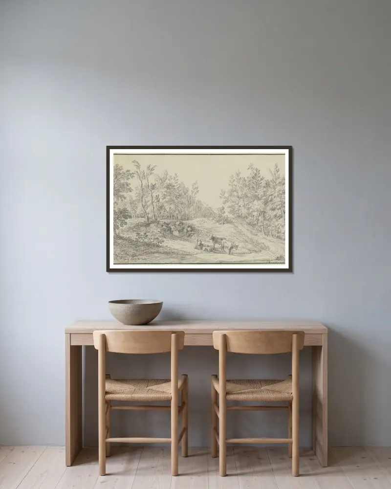 Waldlichtung, im Vordergrund drei Kühe und zwei Schafe von Christian Georg Schütz the elder gerahmt an einer Wand