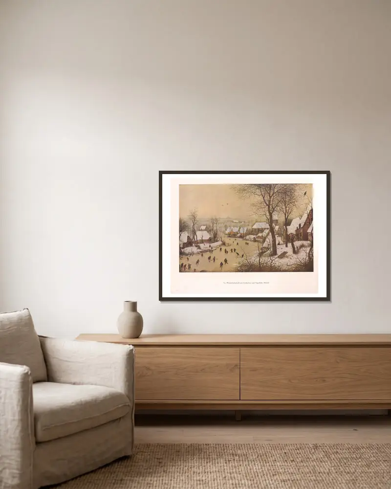 Zimowy krajobraz z łyżwiarzami i pułapką na ptaki, Pieter Bruegel The Elder w ramie na ścianie