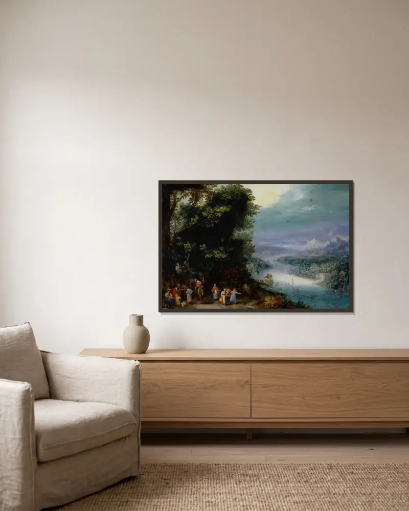 Zadrzewiona dolina rzeczna z drogą, Jan Brueghel The Elder w ramie na ścianie