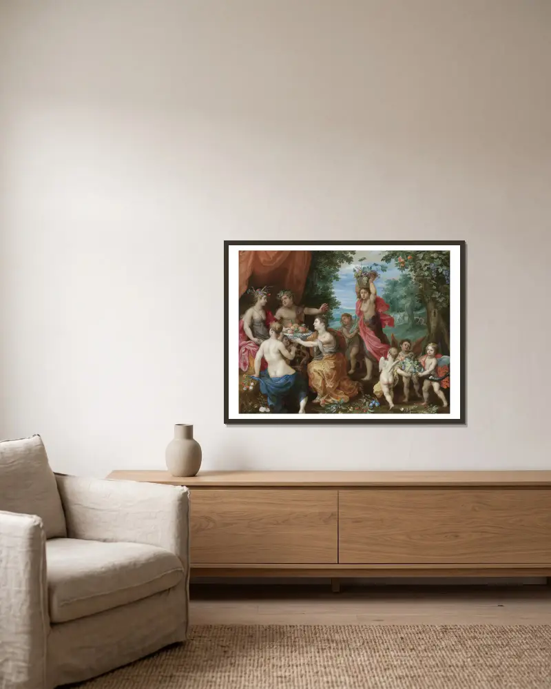 En backanal med Ceres, Bacchus och Venus av Jan Brueghel the Younger inramad på en vägg