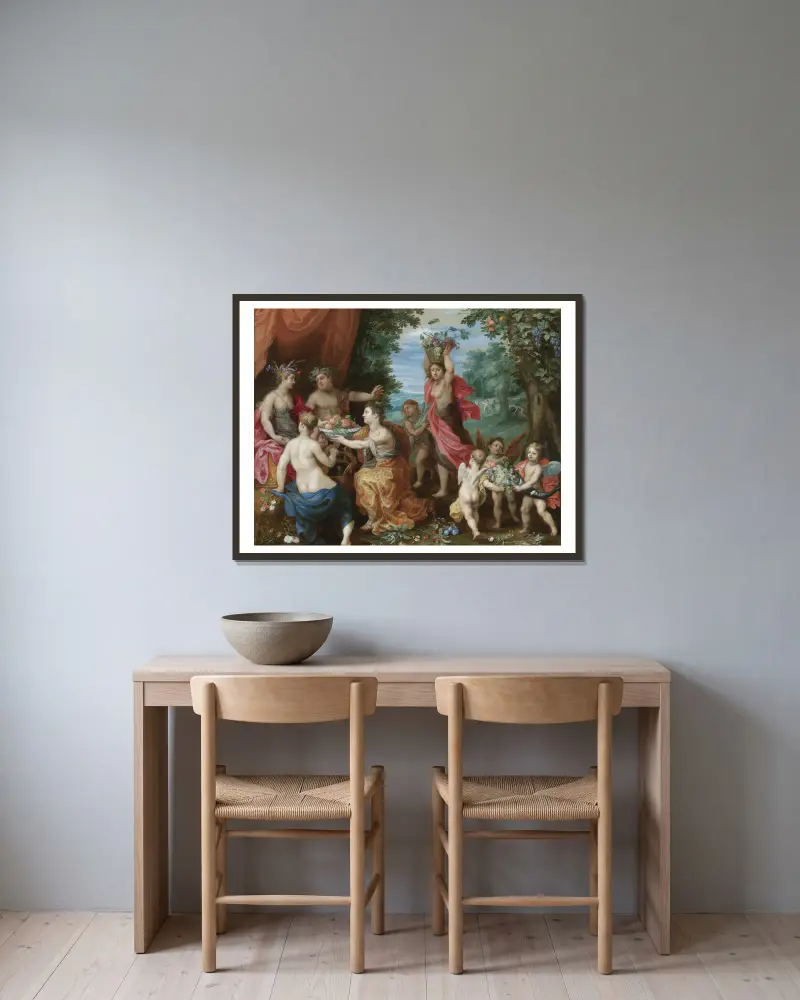 En backanal med Ceres, Bacchus och Venus av Jan Brueghel the Younger inramad på en vägg